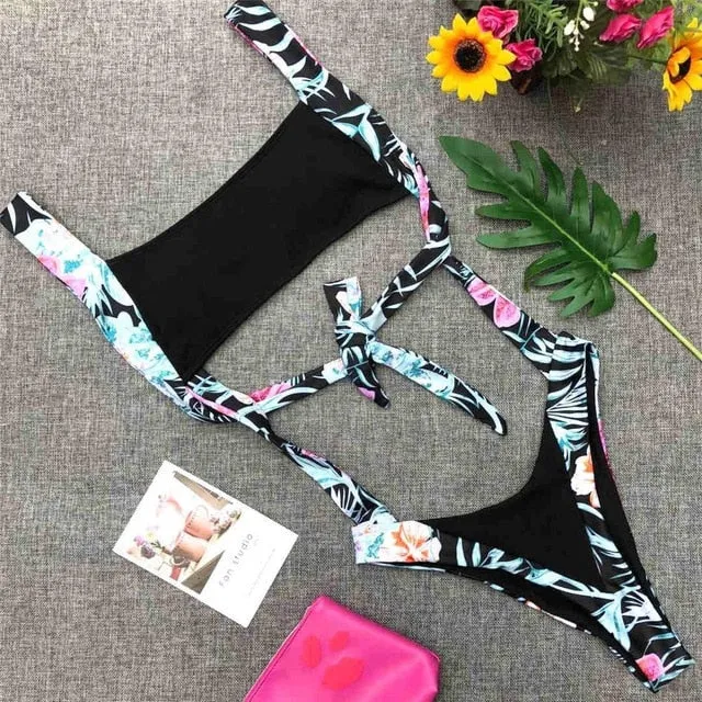 Floral Print High Cut Thong Bather Tummy Cut Out Monokini