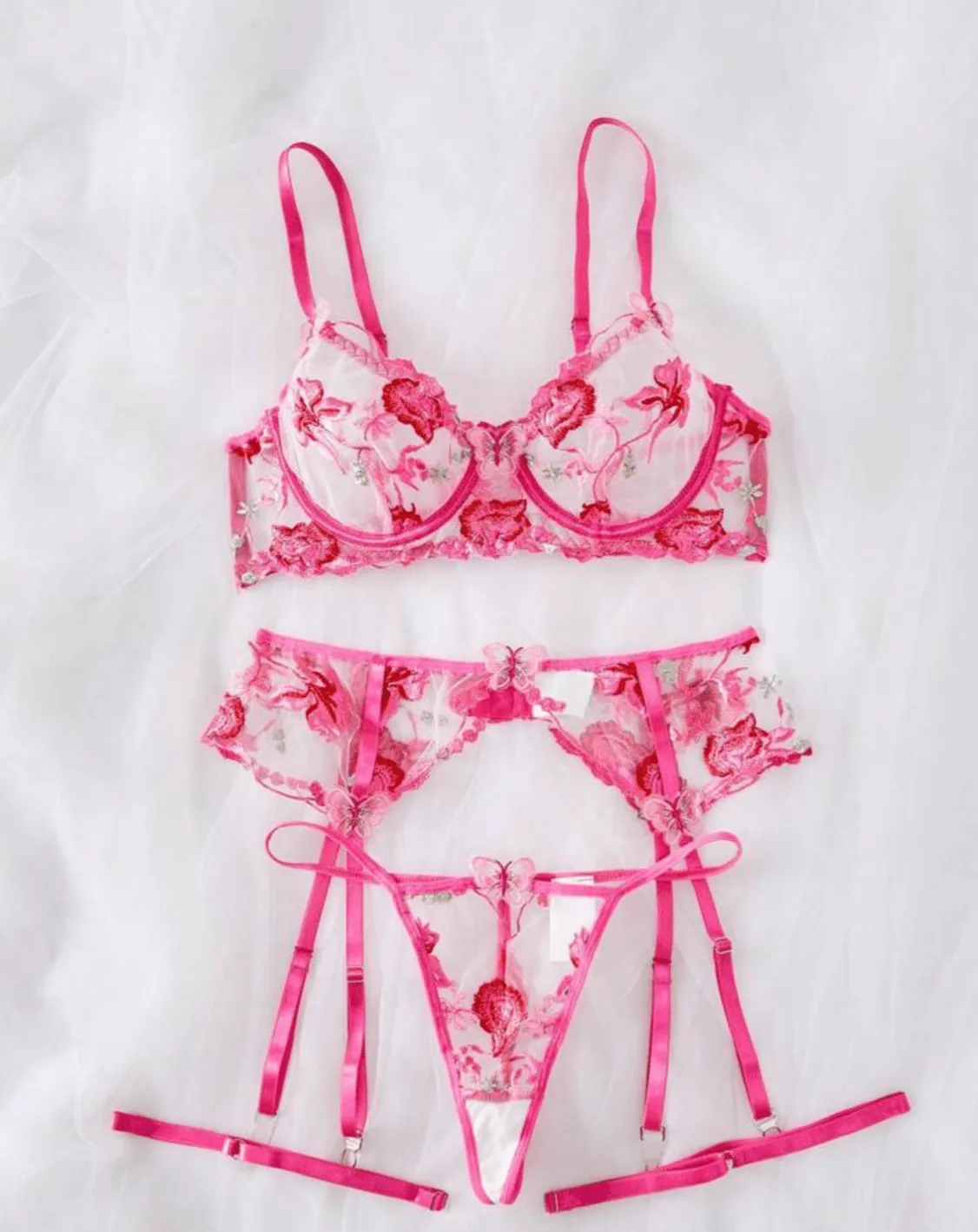 Hot Pink Lace Garter Lingerie Set