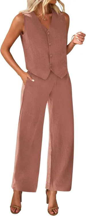 KIRUNDO Womens Two Piece Outfits Summer Fashion Button V Neck Crop Vest Blazer and Wide Leg Pants Suit Matching Sets