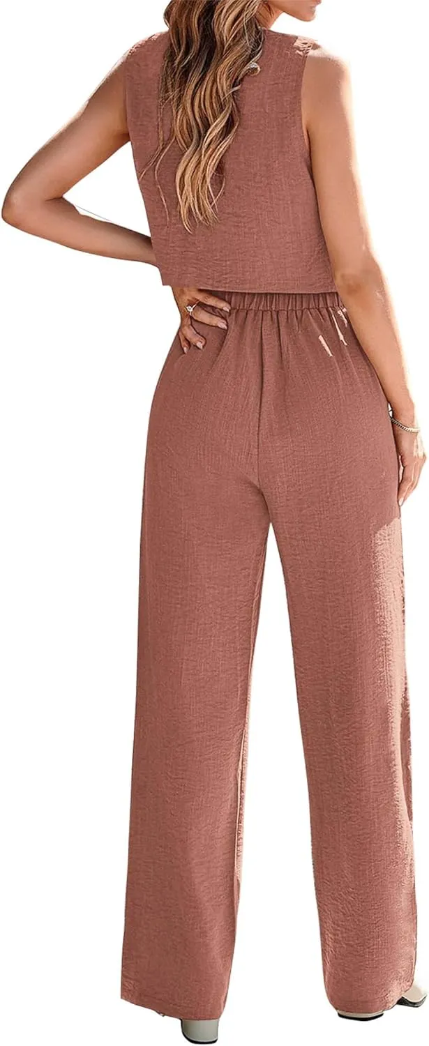 KIRUNDO Womens Two Piece Outfits Summer Fashion Button V Neck Crop Vest Blazer and Wide Leg Pants Suit Matching Sets