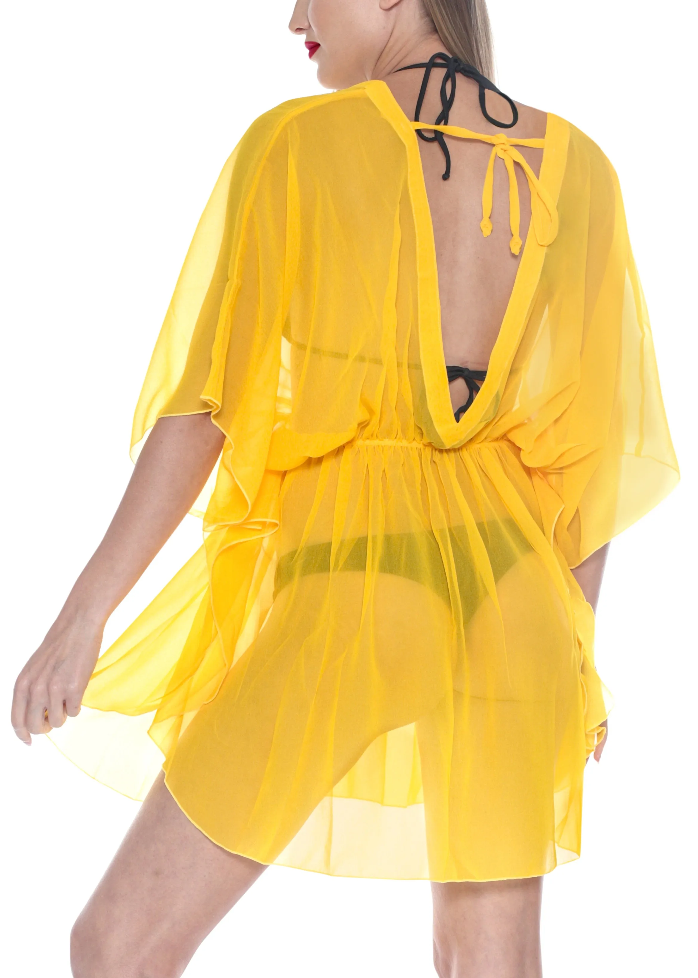 LA LEELA Bikni Swimwear Chiffon Solid Blouse Cover Ups Women OSFM 8-16W [M- 1X]-137578Yellow_843