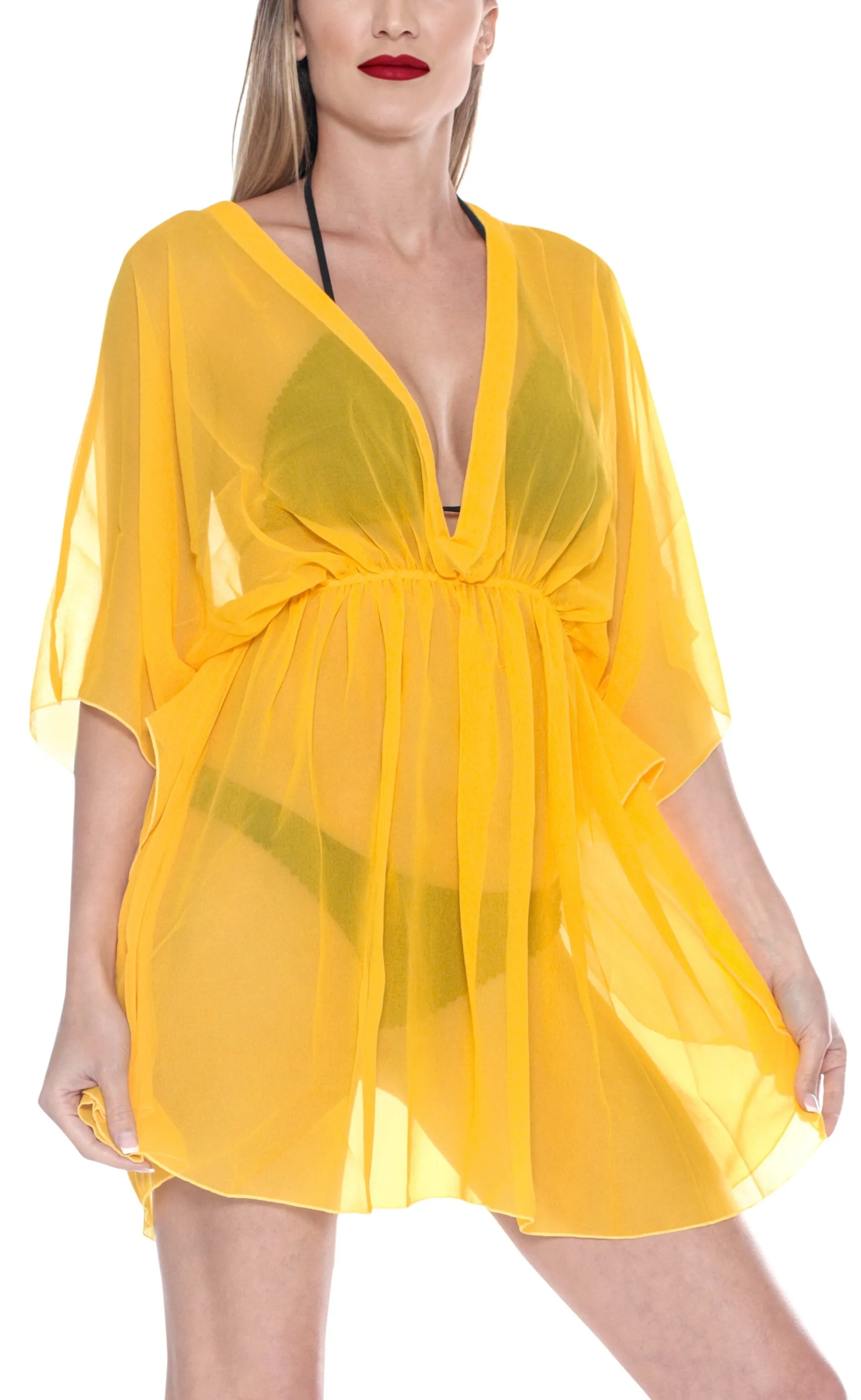 LA LEELA Bikni Swimwear Chiffon Solid Blouse Cover Ups Women OSFM 8-16W [M- 1X]-137578Yellow_843