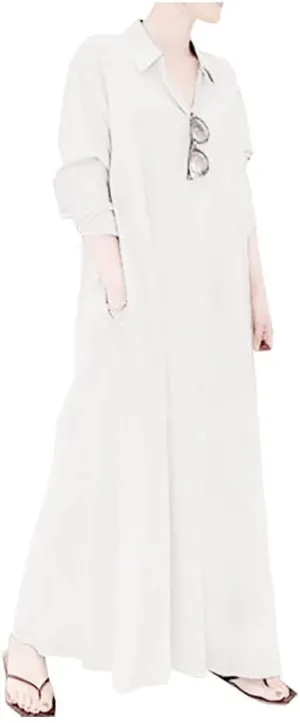 Ladyful Women's Button Down Cotton Linen Shirt Dress Long Sleeve Maxi Shirtdress Beach Summer Dress Pockets