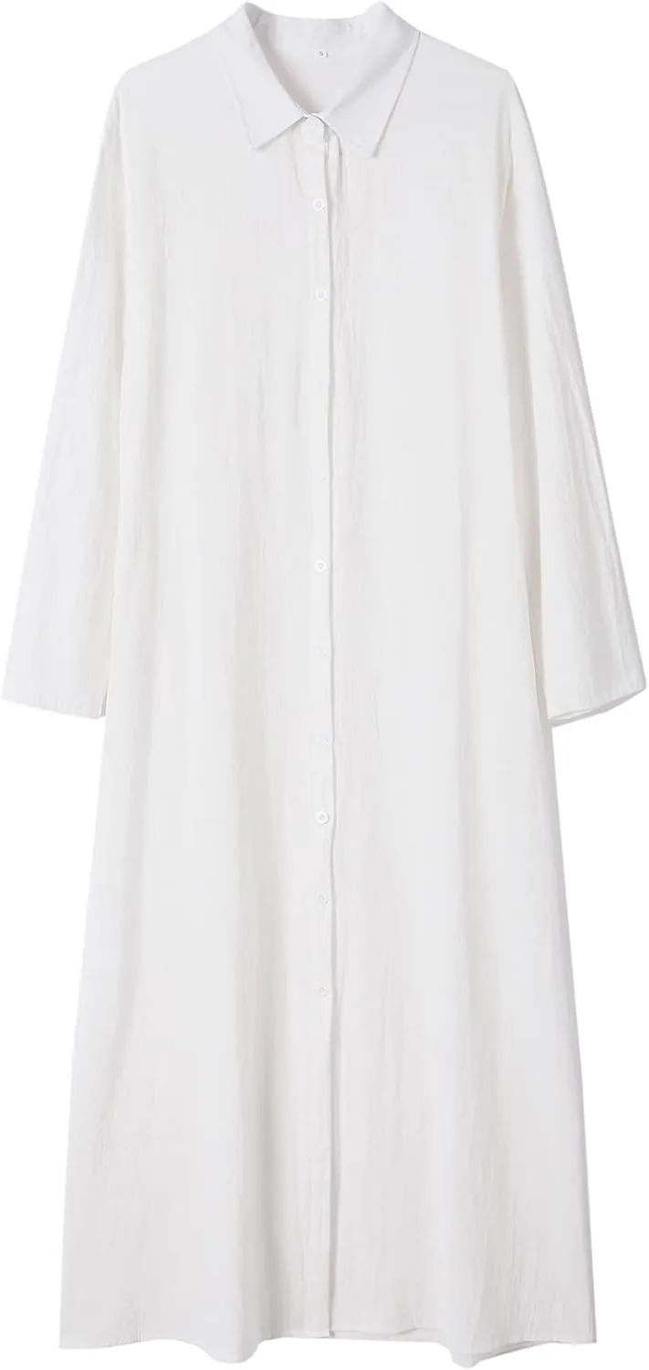 Ladyful Women's Button Down Cotton Linen Shirt Dress Long Sleeve Maxi Shirtdress Beach Summer Dress Pockets