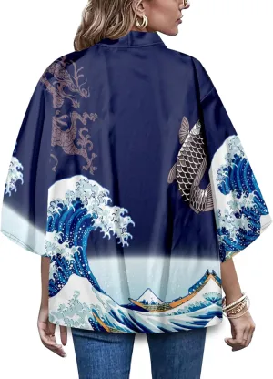 LAI MENG FIVE CATS Women's Loose fit Japanese Koi Fish Print Kimono Cover up Casual Tops