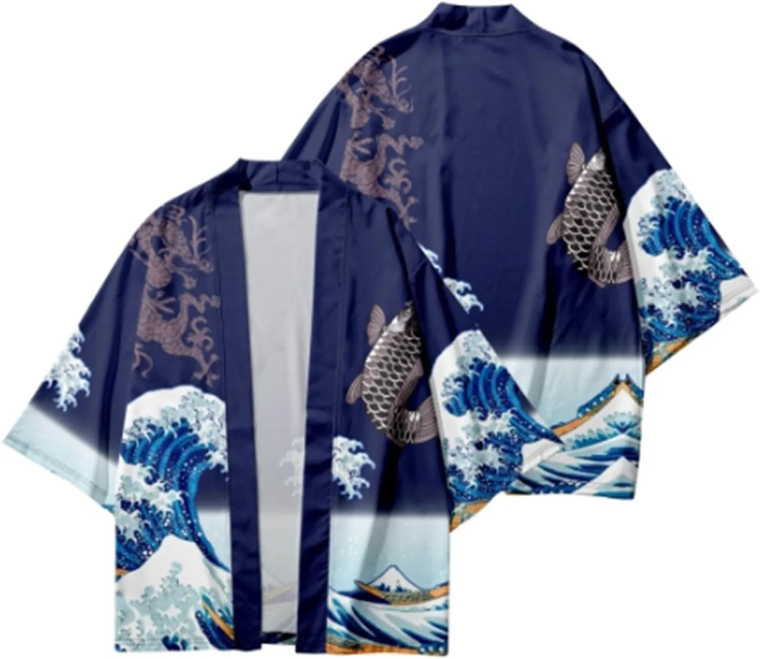 LAI MENG FIVE CATS Women's Loose fit Japanese Koi Fish Print Kimono Cover up Casual Tops