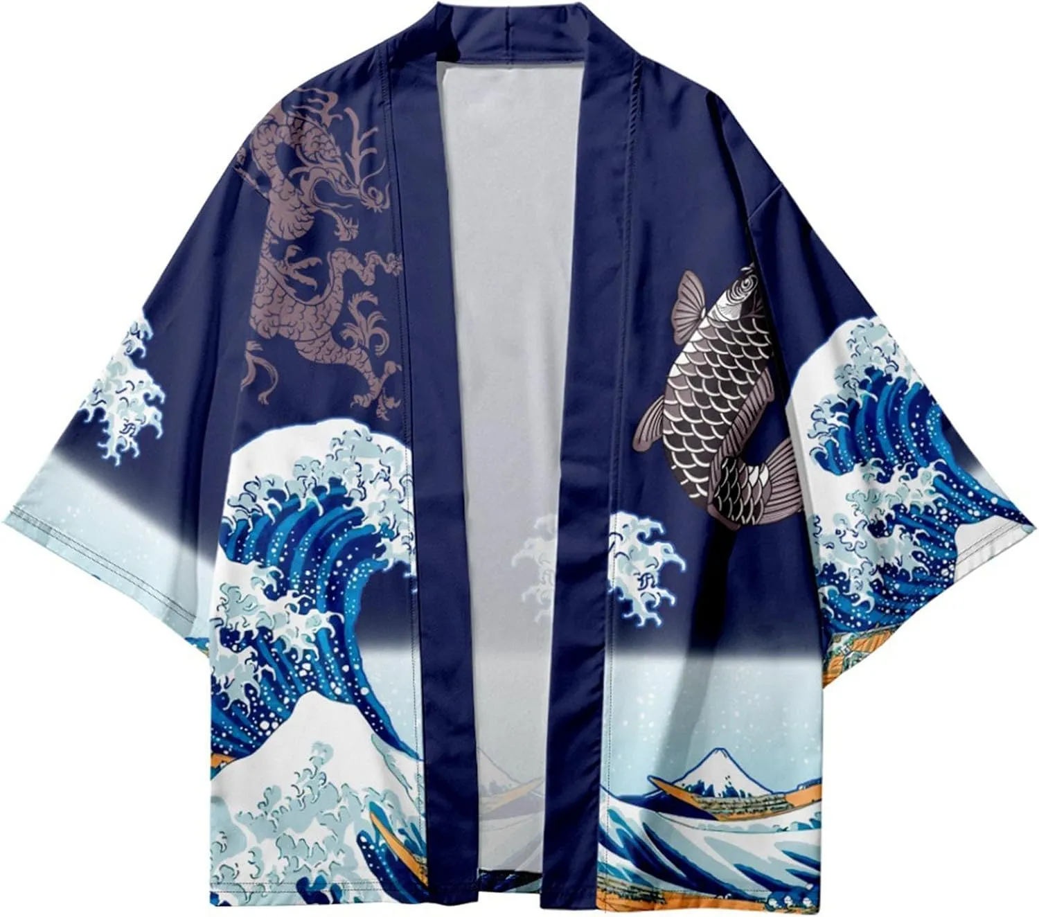 LAI MENG FIVE CATS Women's Loose fit Japanese Koi Fish Print Kimono Cover up Casual Tops