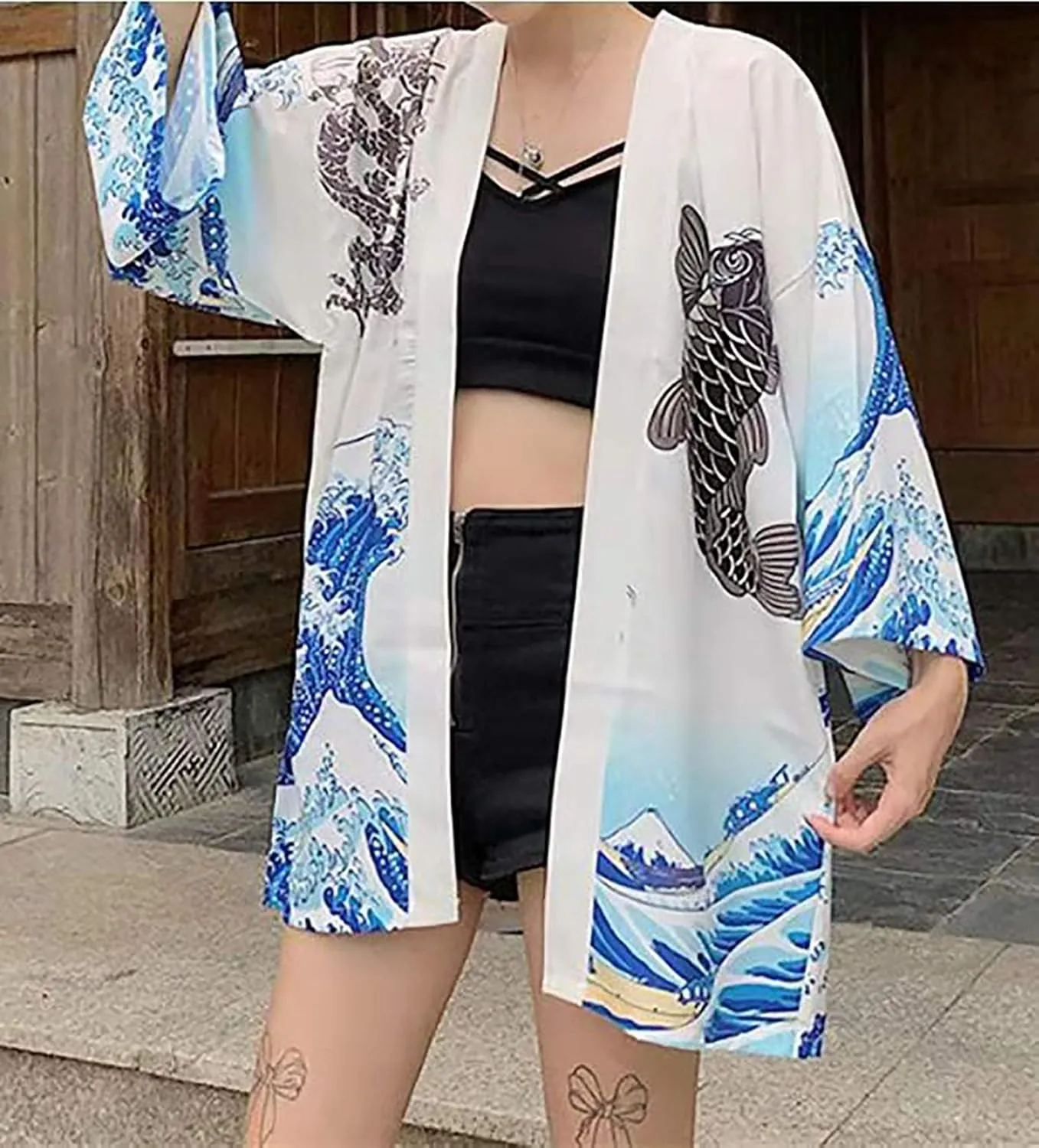 LAI MENG FIVE CATS Women's Loose fit Japanese Koi Fish Print Kimono Cover up Casual Tops