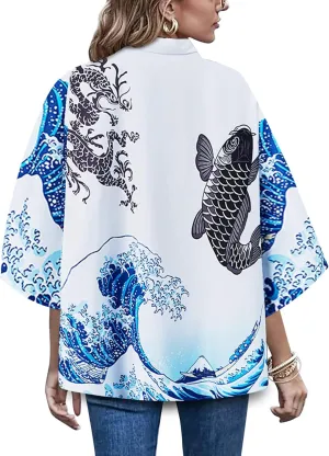 LAI MENG FIVE CATS Women's Loose fit Japanese Koi Fish Print Kimono Cover up Casual Tops