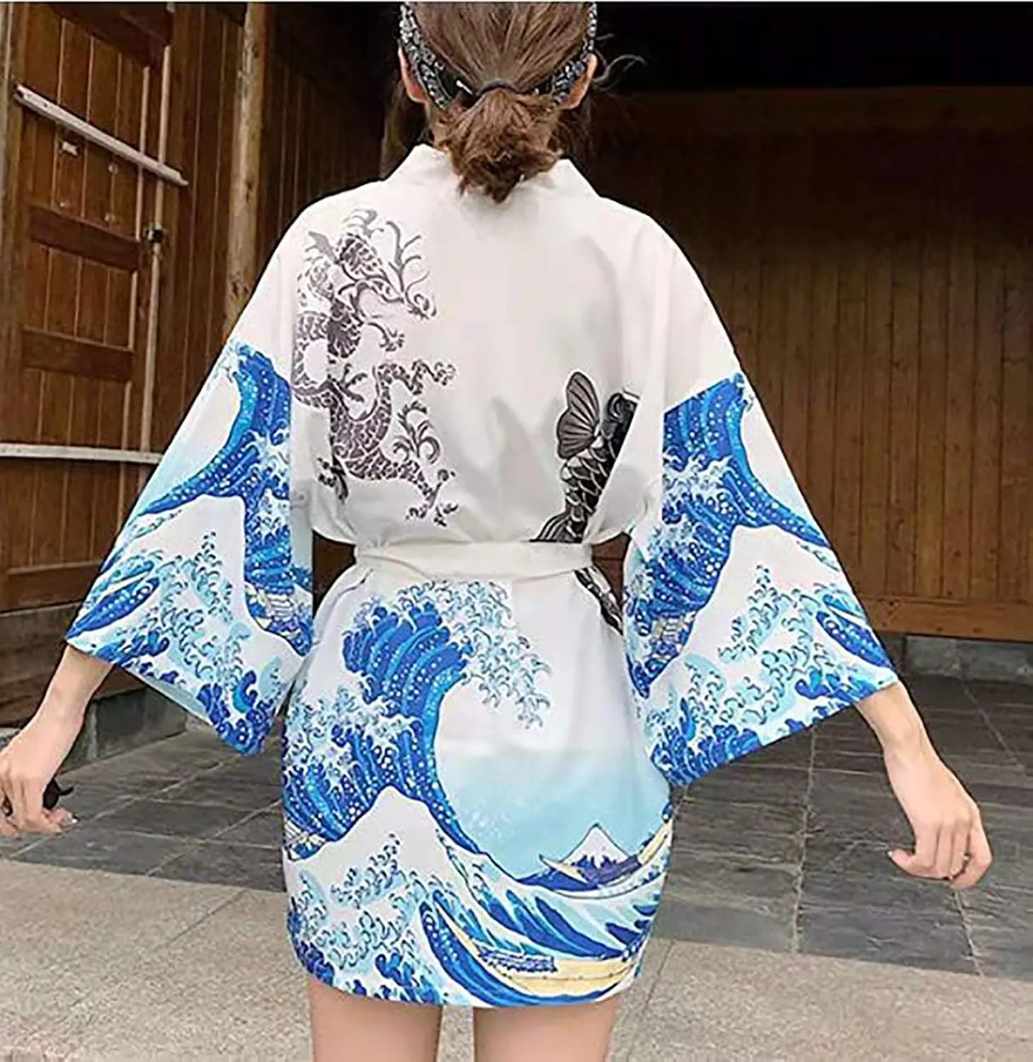 LAI MENG FIVE CATS Women's Loose fit Japanese Koi Fish Print Kimono Cover up Casual Tops