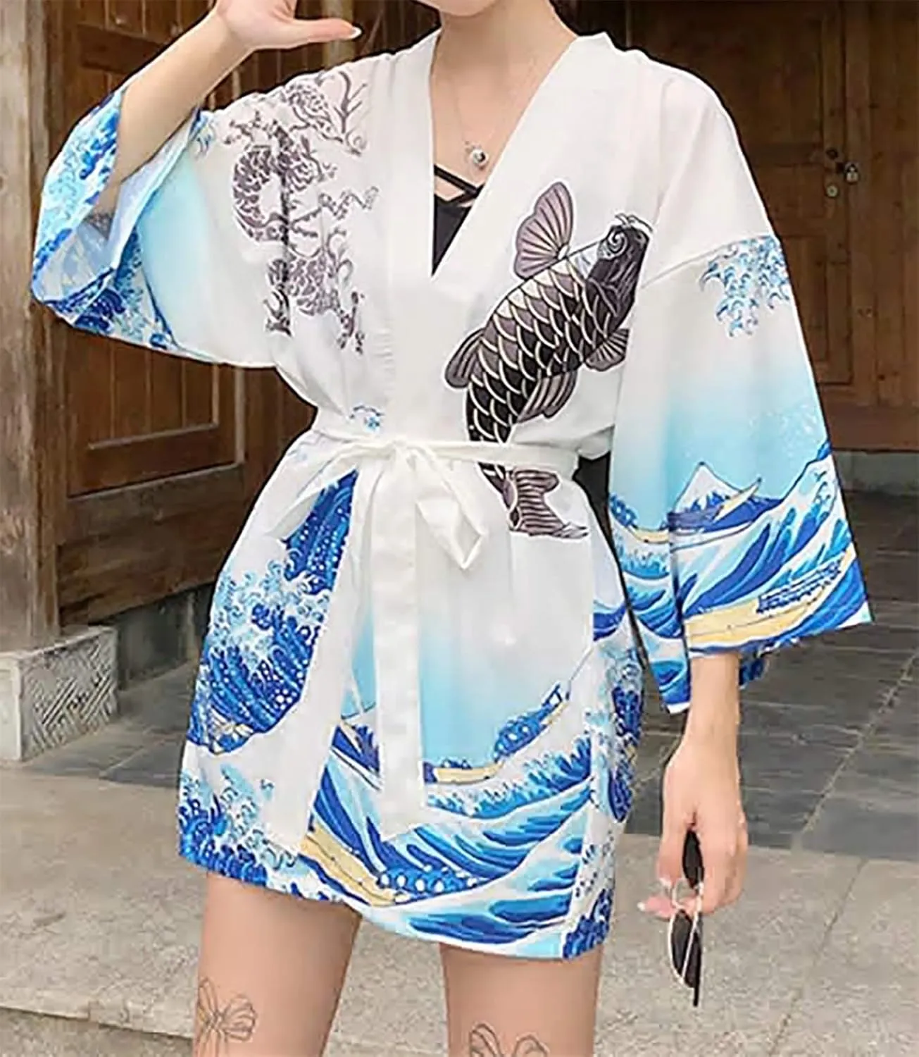 LAI MENG FIVE CATS Women's Loose fit Japanese Koi Fish Print Kimono Cover up Casual Tops