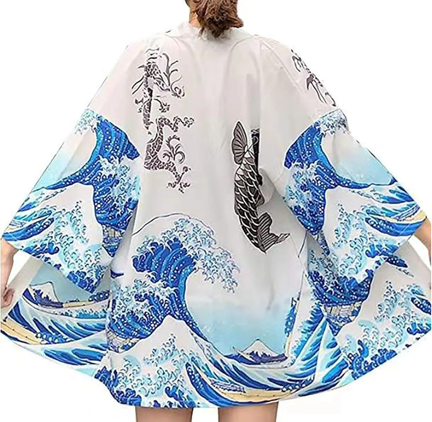 LAI MENG FIVE CATS Women's Loose fit Japanese Koi Fish Print Kimono Cover up Casual Tops