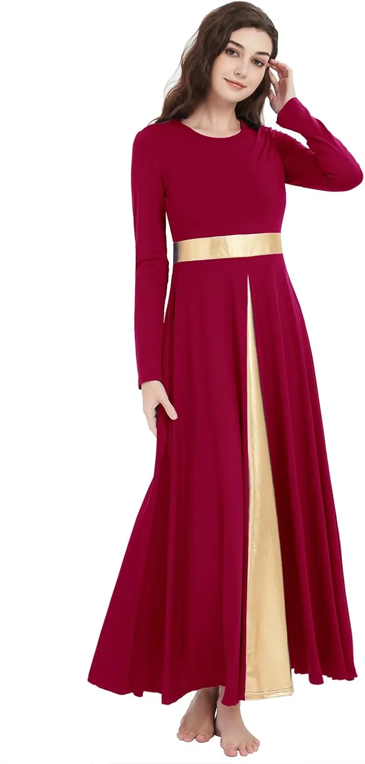 Long Sleeve Praise Dance Dress for Women Metallic Liturgical Worship Dance Costumes Lyrical Costume Church Robe