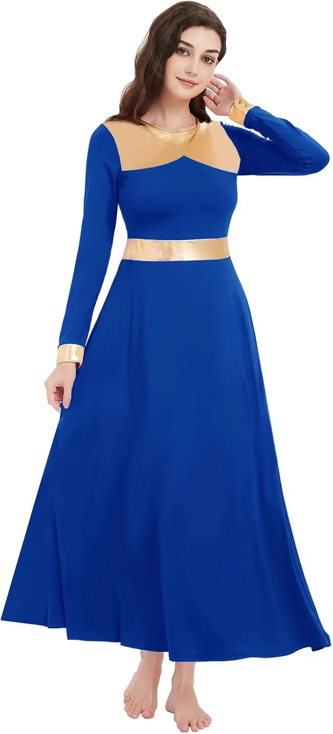Long Sleeve Praise Dance Dress for Women Metallic Liturgical Worship Dance Costumes Lyrical Costume Church Robe
