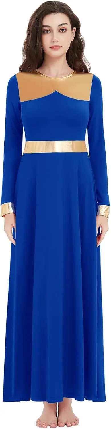 Long Sleeve Praise Dance Dress for Women Metallic Liturgical Worship Dance Costumes Lyrical Costume Church Robe