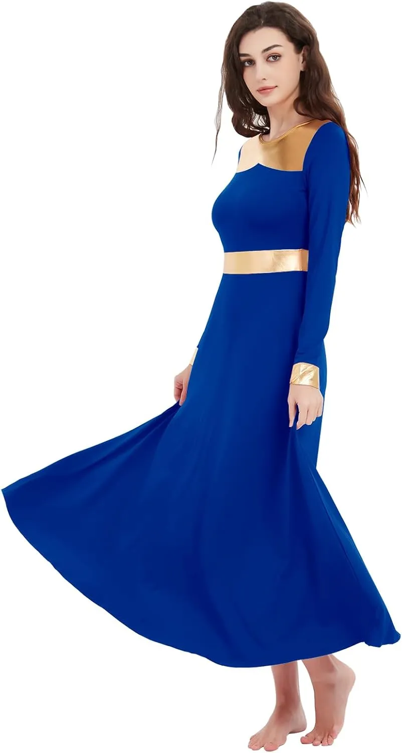Long Sleeve Praise Dance Dress for Women Metallic Liturgical Worship Dance Costumes Lyrical Costume Church Robe