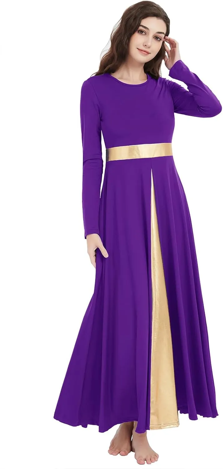 Long Sleeve Praise Dance Dress for Women Metallic Liturgical Worship Dance Costumes Lyrical Costume Church Robe