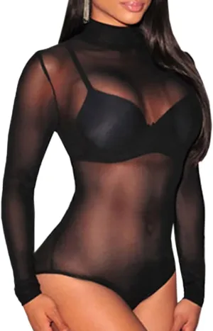 Lrady Women's Sheer Mesh Turtleneck Neck See Through Leotard Bodysuit Body Tops