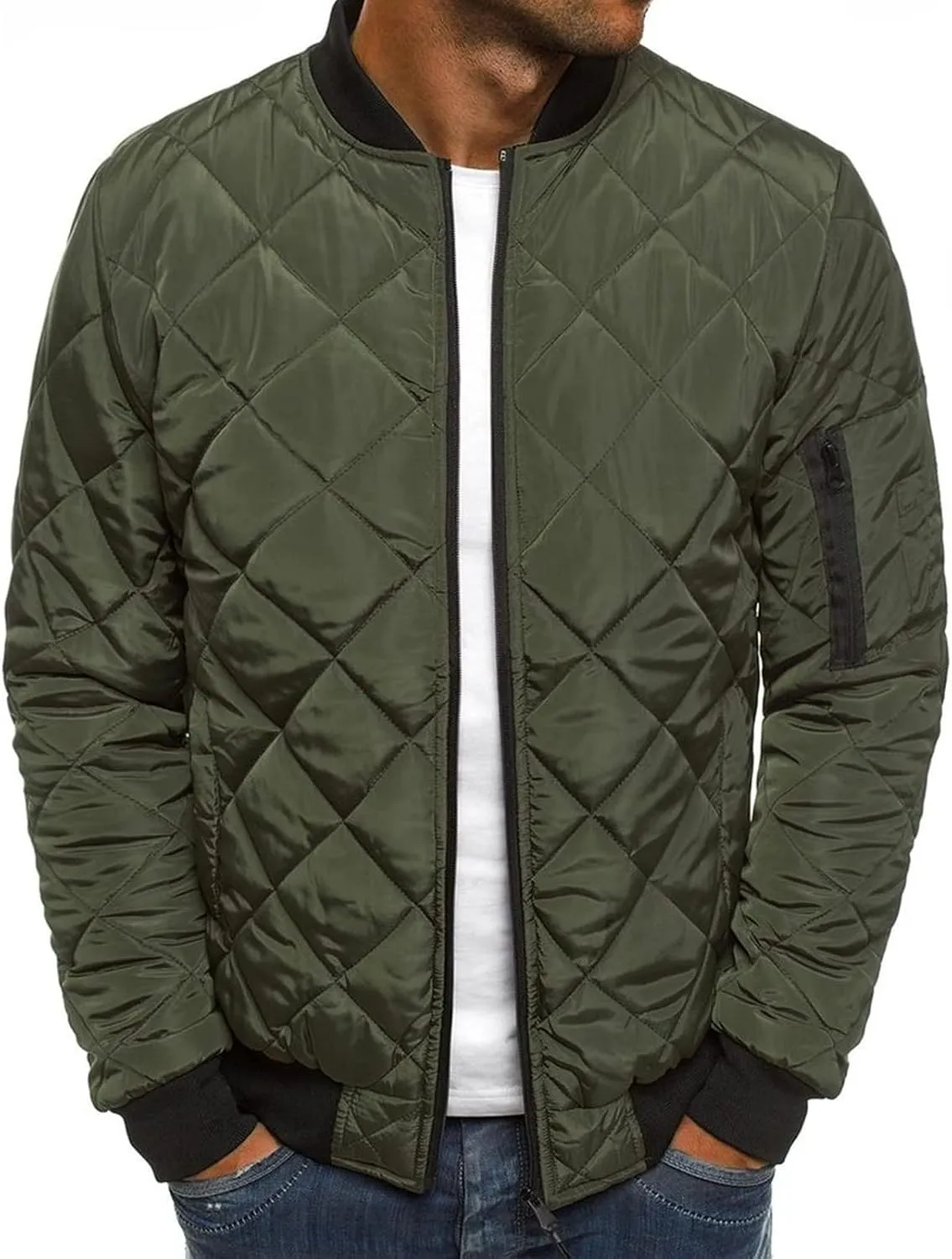 Maiyifu-GJ Men Flight Bomber Jackets Diamond Quilted Lightweight Varsity Jacket Full Zip Up Softshell Winter Warm Padded Coat