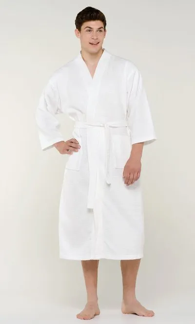 Mens Long Waffle Kimono Lightweight Turkish Cotton Robe, Hotel Spa Bathrobe