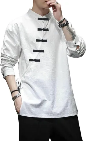 Men's Retro Chinese Style Hanfu Tang Suit Oblique Placket Long Sleeve Shirt