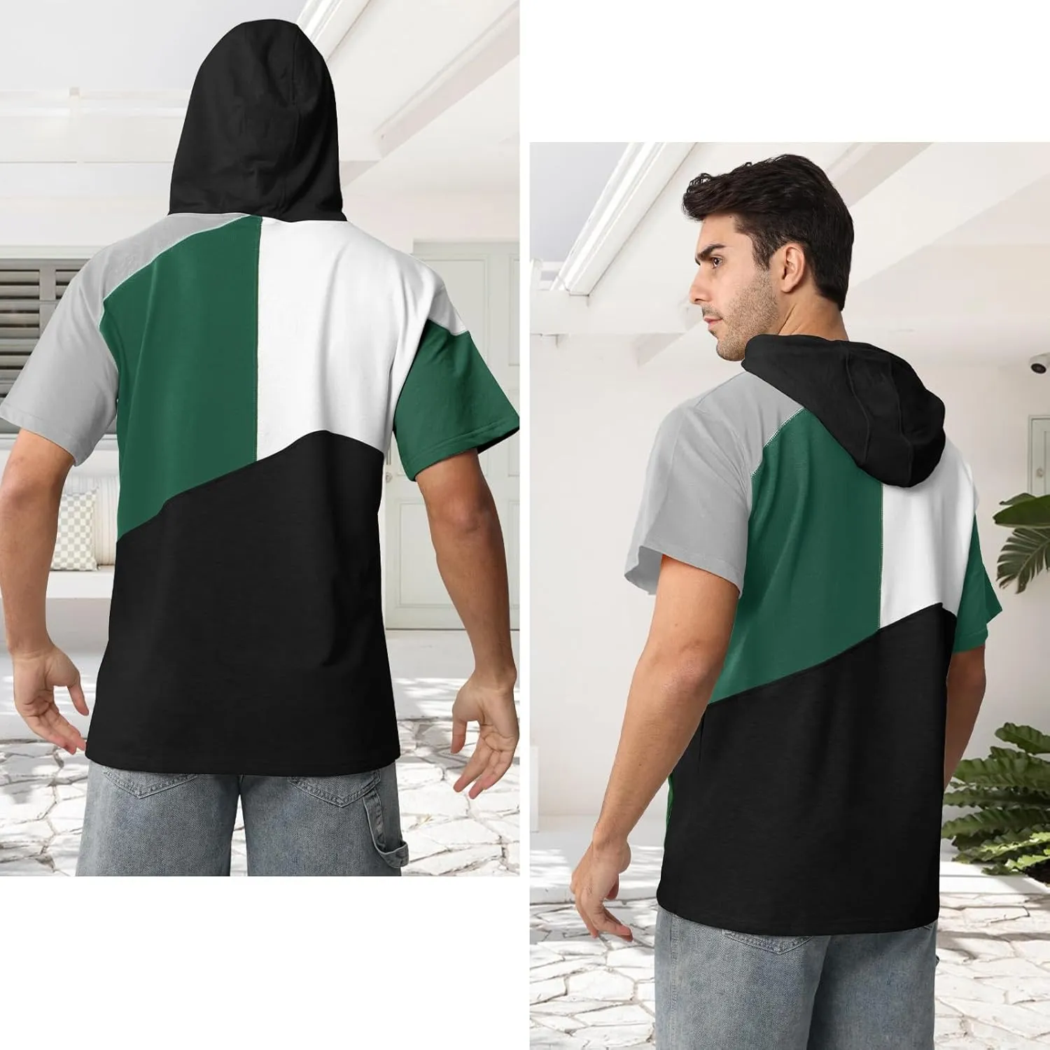 Mens Short Sleeve Hoodie Cotton Color Block T-Shirt Sweatshirt Moisture Wicking Half Sleeve Summer Pullover