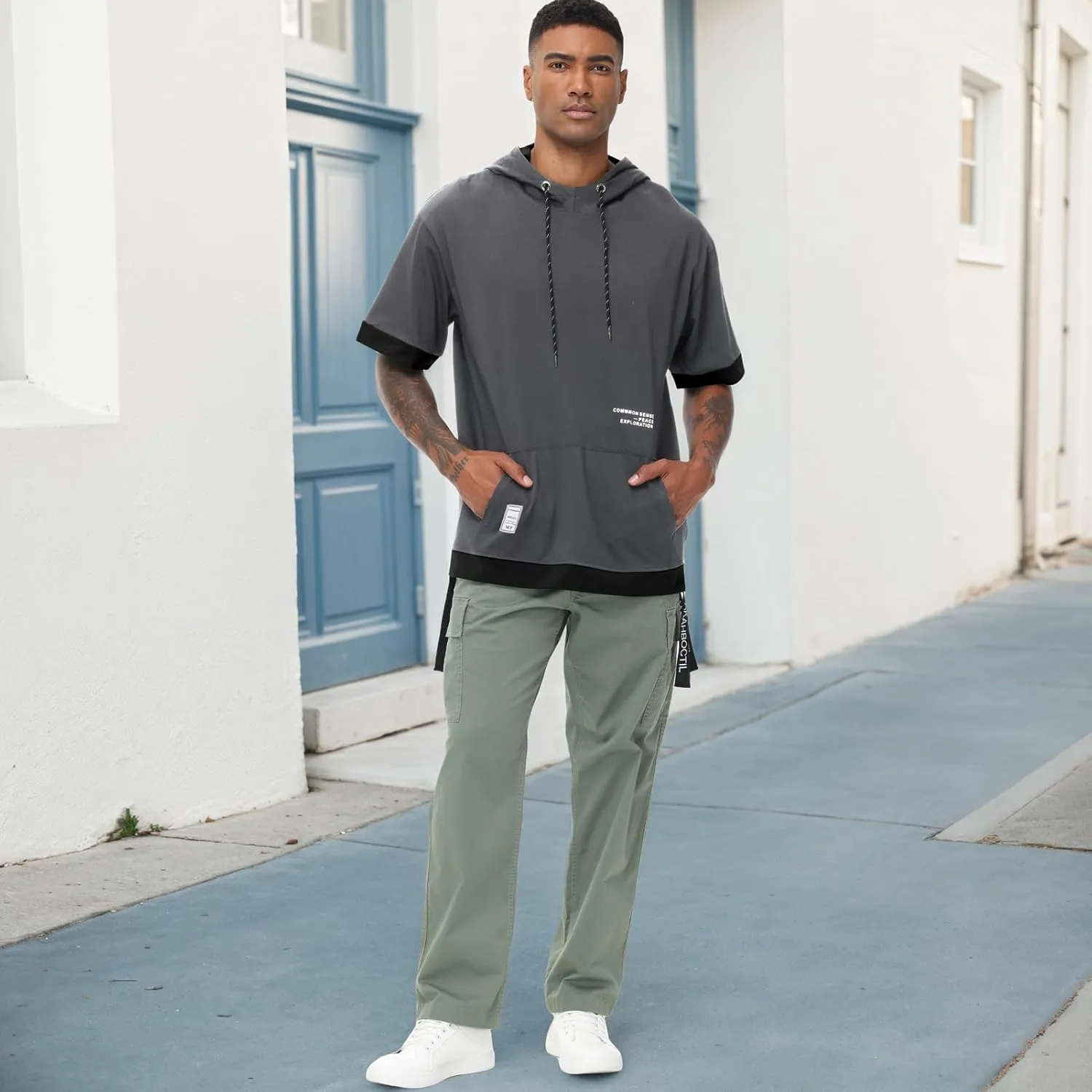 Mens Short Sleeve Hoodie Soft Cotton Color Block Moisture Wicking Big Pocket Hip Hop T-Shirt Hoodie Sports