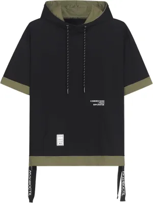 Mens Short Sleeve Hoodie Soft Cotton Color Block Moisture Wicking Big Pocket Hip Hop T-Shirt Hoodie Sports