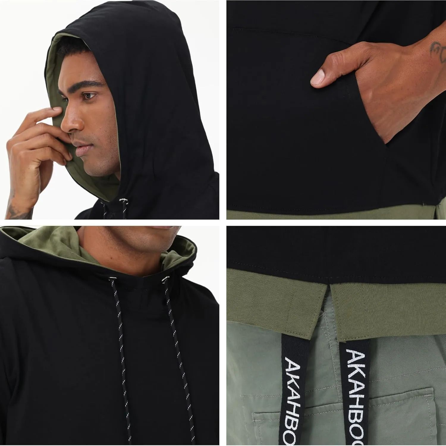 Mens Short Sleeve Hoodie Soft Cotton Color Block Moisture Wicking Big Pocket Hip Hop T-Shirt Hoodie Sports