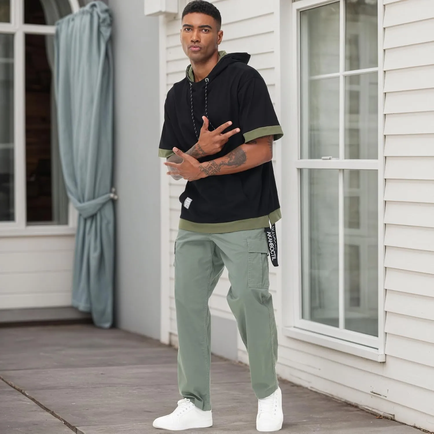 Mens Short Sleeve Hoodie Soft Cotton Color Block Moisture Wicking Big Pocket Hip Hop T-Shirt Hoodie Sports