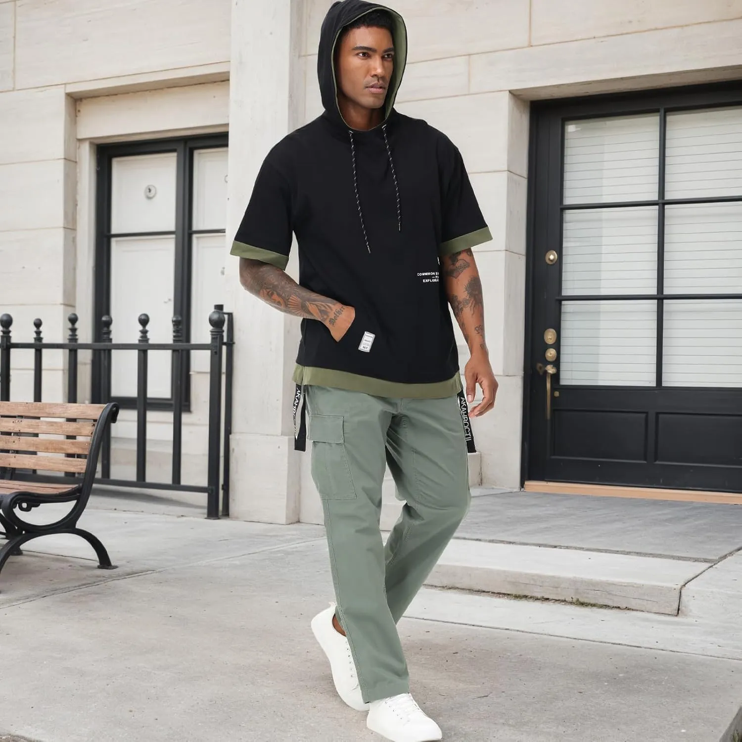 Mens Short Sleeve Hoodie Soft Cotton Color Block Moisture Wicking Big Pocket Hip Hop T-Shirt Hoodie Sports