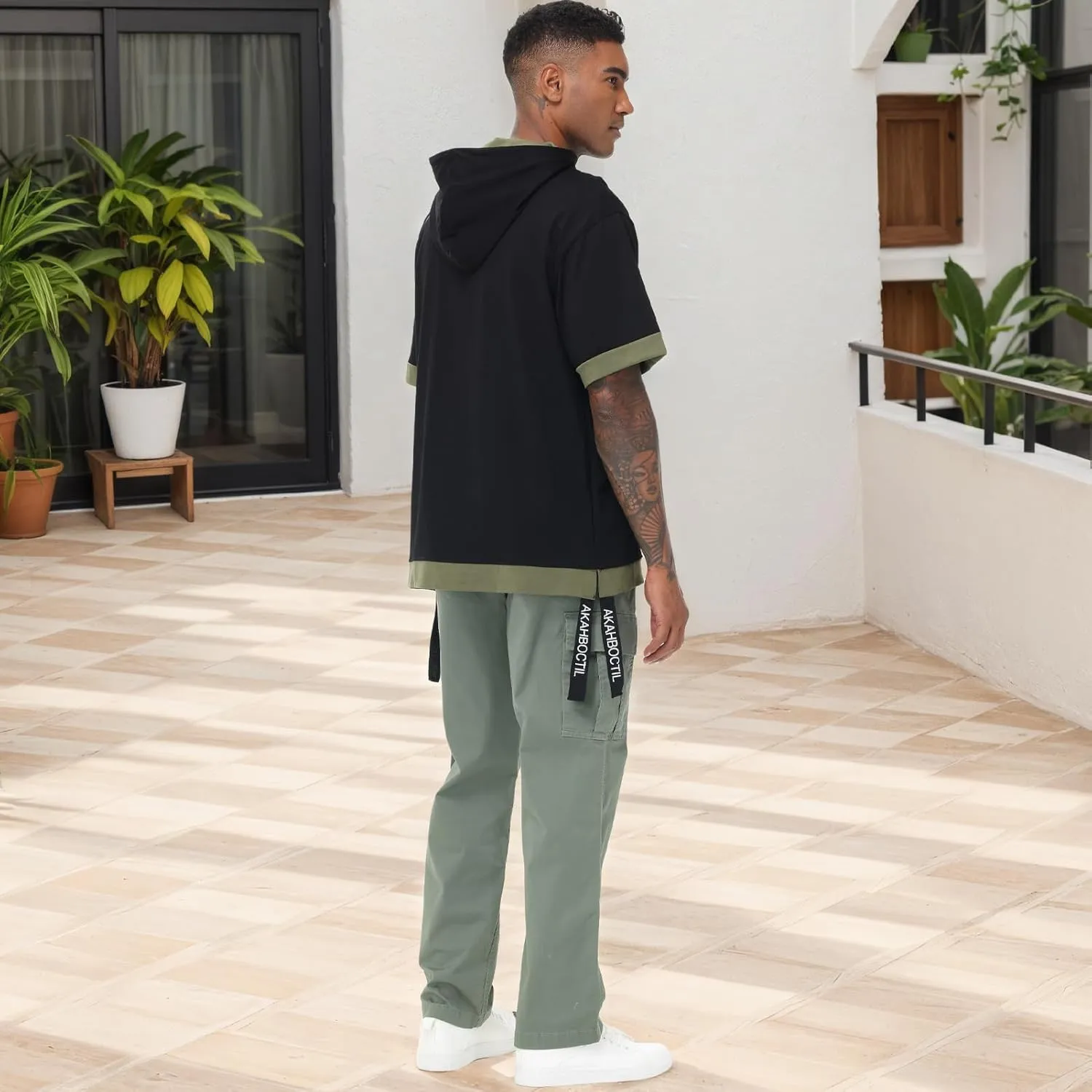 Mens Short Sleeve Hoodie Soft Cotton Color Block Moisture Wicking Big Pocket Hip Hop T-Shirt Hoodie Sports