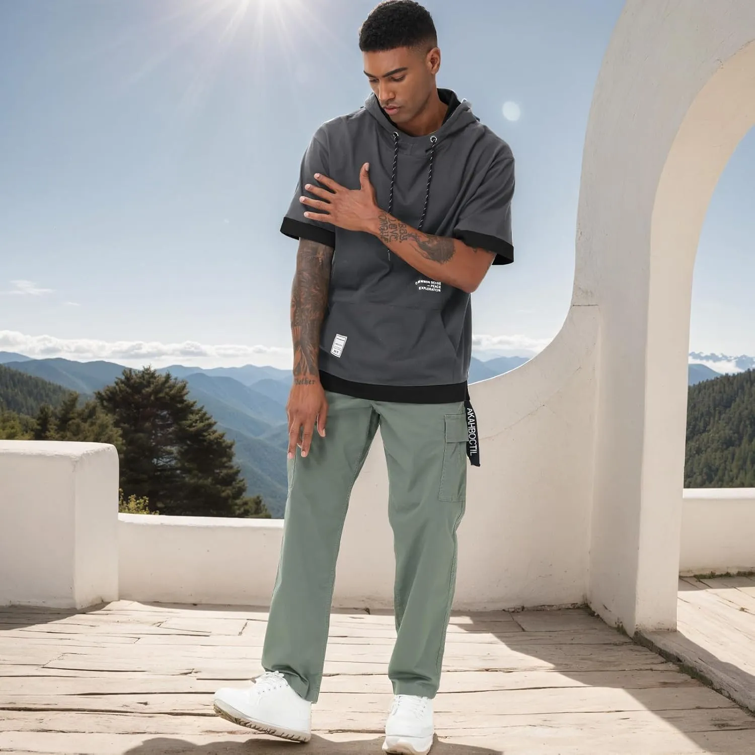 Mens Short Sleeve Hoodie Soft Cotton Color Block Moisture Wicking Big Pocket Hip Hop T-Shirt Hoodie Sports