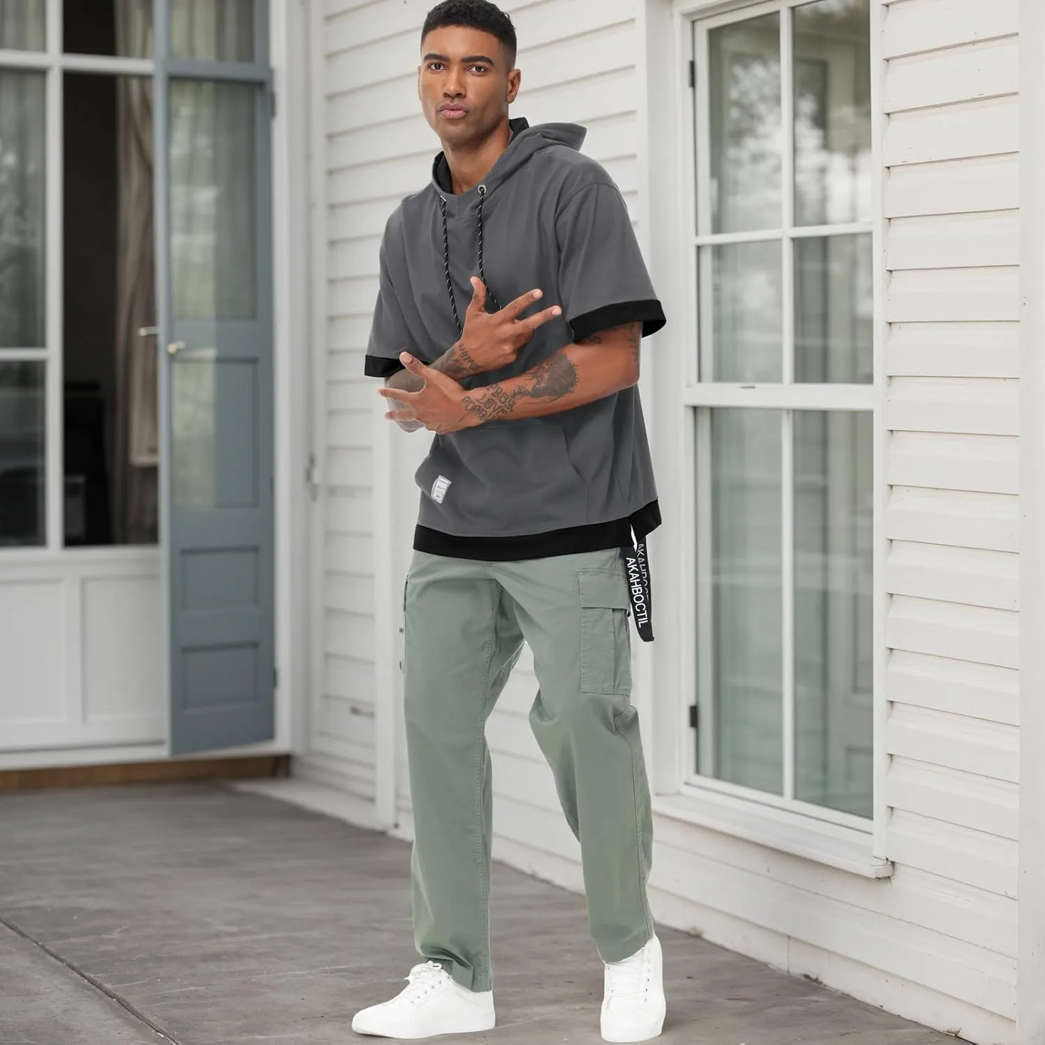 Mens Short Sleeve Hoodie Soft Cotton Color Block Moisture Wicking Big Pocket Hip Hop T-Shirt Hoodie Sports