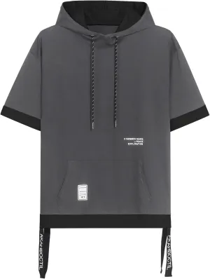 Mens Short Sleeve Hoodie Soft Cotton Color Block Moisture Wicking Big Pocket Hip Hop T-Shirt Hoodie Sports