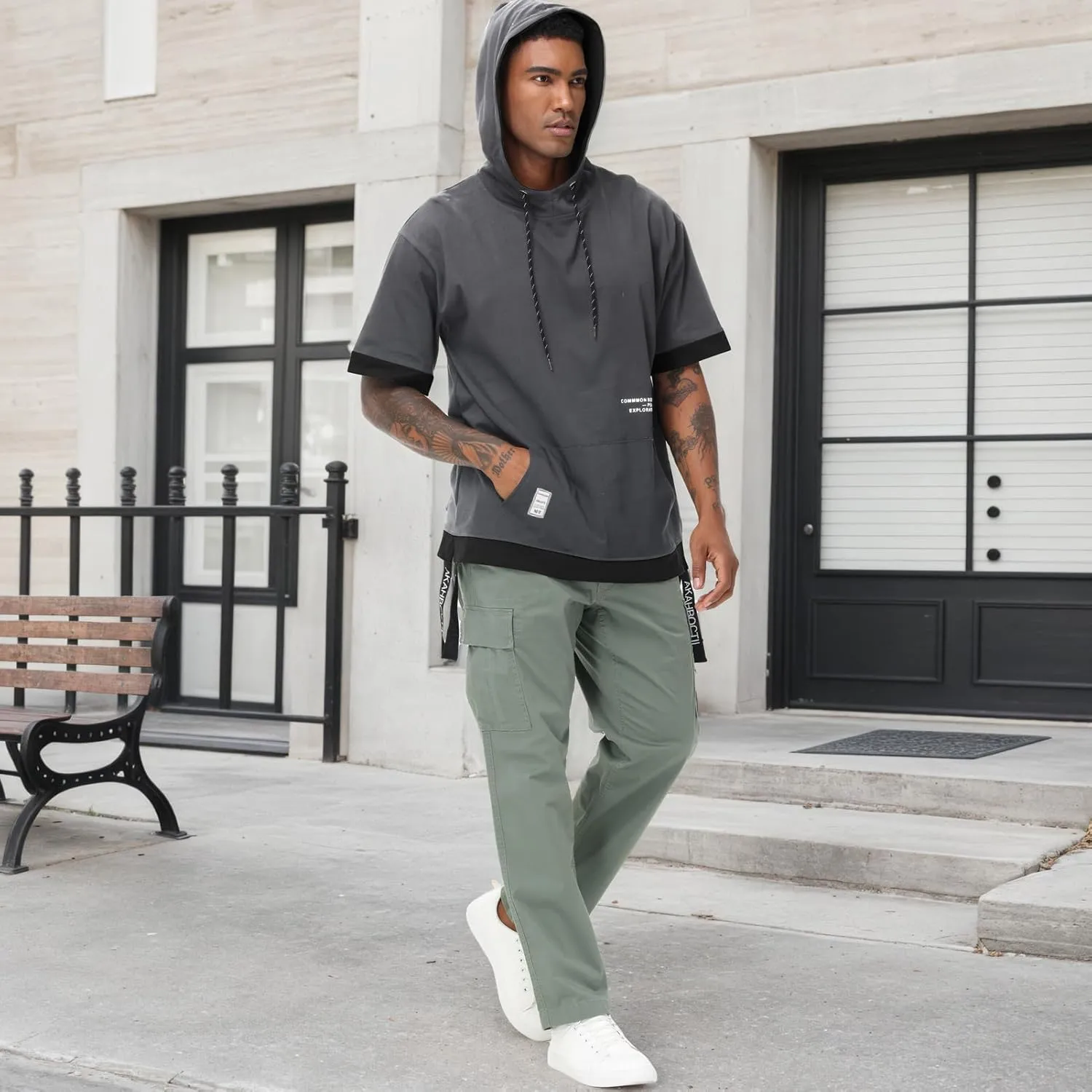 Mens Short Sleeve Hoodie Soft Cotton Color Block Moisture Wicking Big Pocket Hip Hop T-Shirt Hoodie Sports