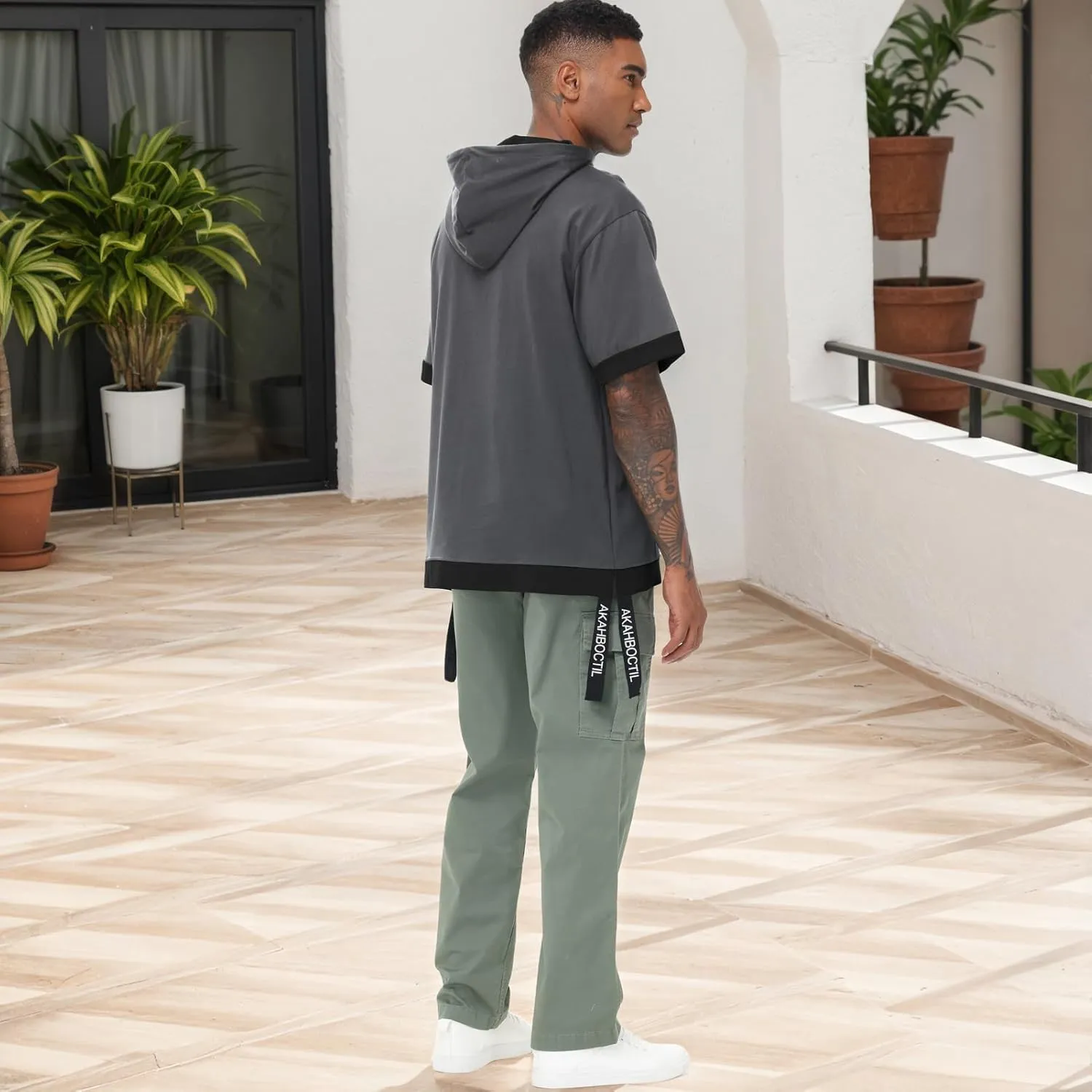 Mens Short Sleeve Hoodie Soft Cotton Color Block Moisture Wicking Big Pocket Hip Hop T-Shirt Hoodie Sports