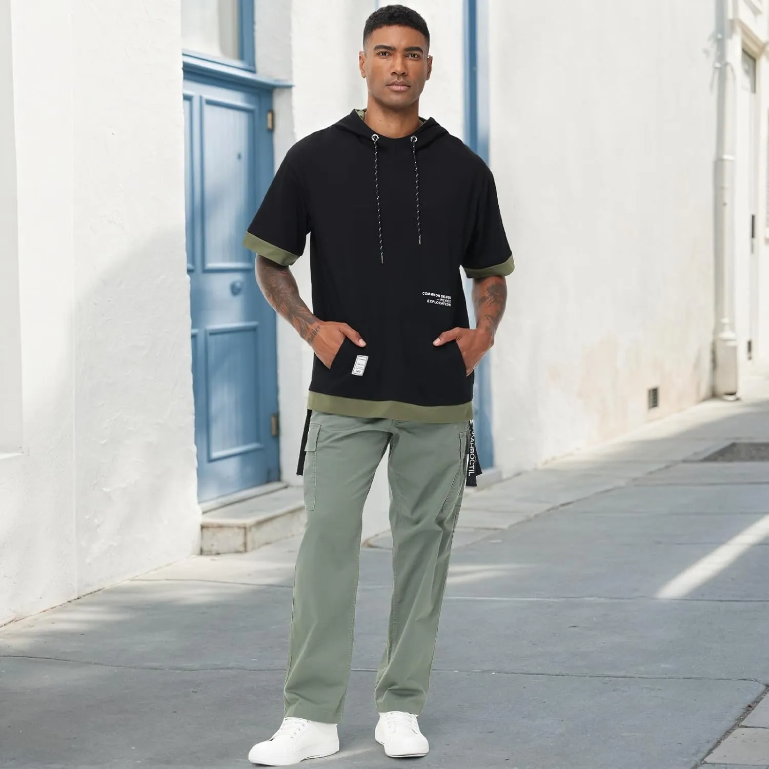 Mens Short Sleeve Hoodie Soft Cotton Color Block Moisture Wicking Big Pocket Hip Hop T-Shirt Hoodie Sports