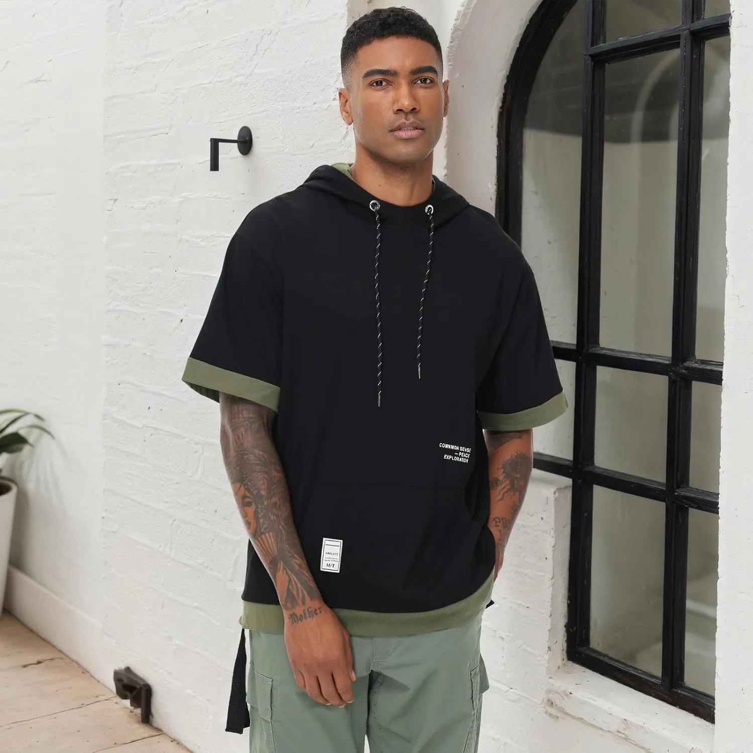 Mens Short Sleeve Hoodie Soft Cotton Color Block Moisture Wicking Big Pocket Hip Hop T-Shirt Hoodie Sports