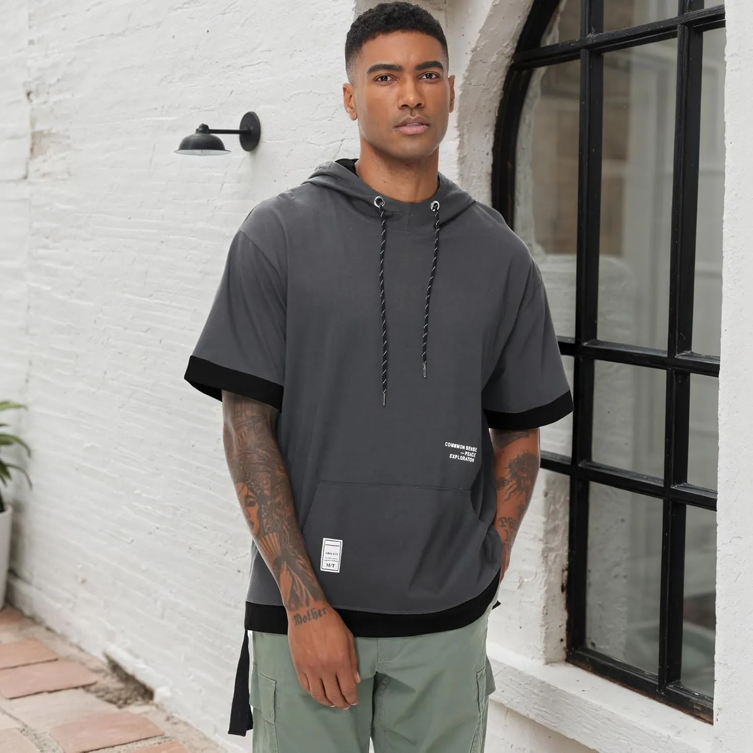 Mens Short Sleeve Hoodie Soft Cotton Color Block Moisture Wicking Big Pocket Hip Hop T-Shirt Hoodie Sports