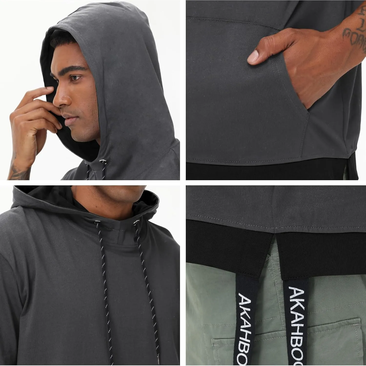 Mens Short Sleeve Hoodie Soft Cotton Color Block Moisture Wicking Big Pocket Hip Hop T-Shirt Hoodie Sports