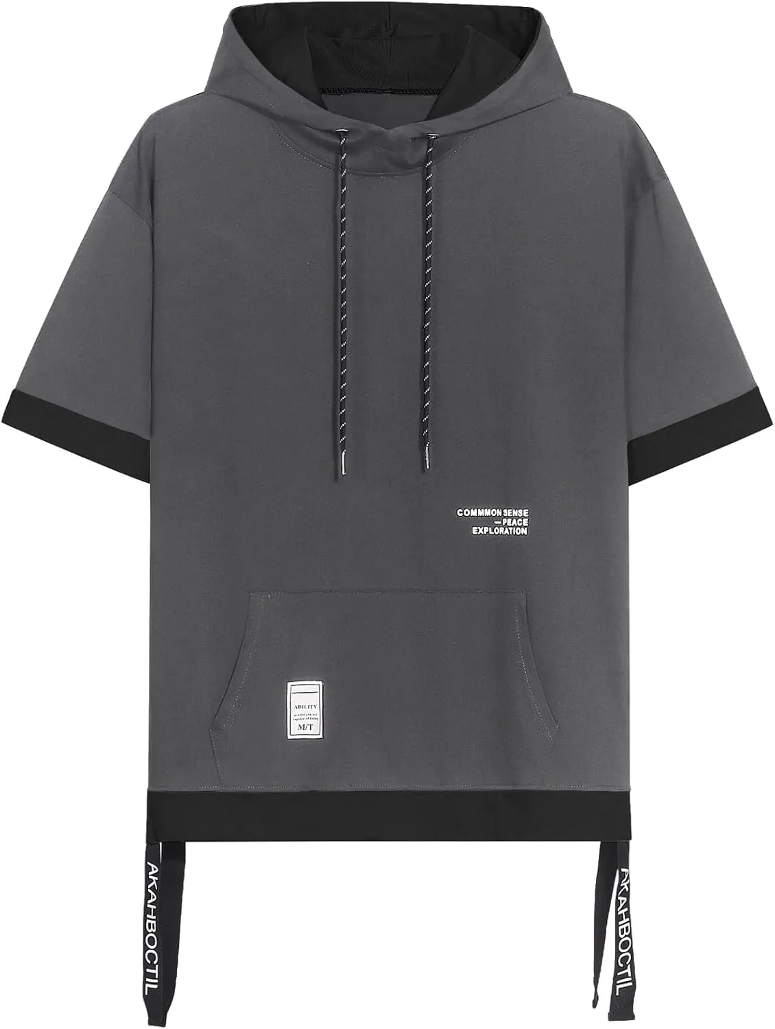 Mens Short Sleeve Hoodie Soft Cotton Color Block Moisture Wicking Big Pocket Hip Hop T-Shirt Hoodie Sports