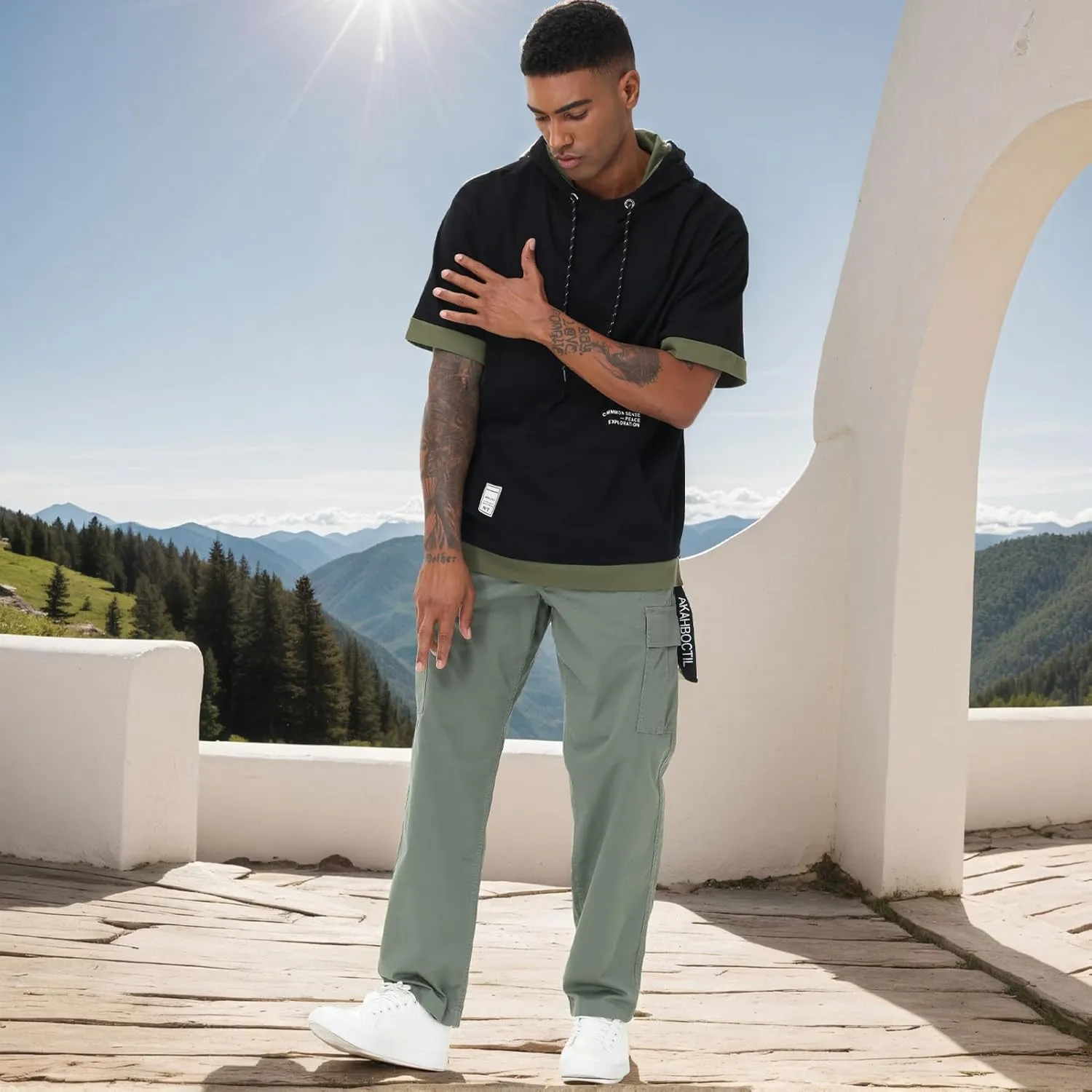 Mens Short Sleeve Hoodie Soft Cotton Color Block Moisture Wicking Big Pocket Hip Hop T-Shirt Hoodie Sports