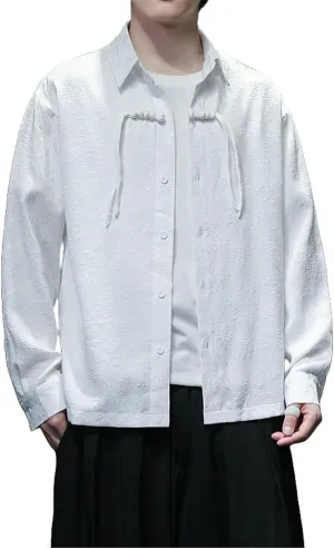 Men's Spring Loose Fit Retro Chinese Style Tang Suit Jacquard Long Sleeve Shirt Formal Wear