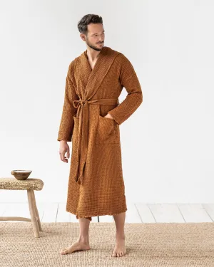 Men's waffle linen robe in Cinnamon