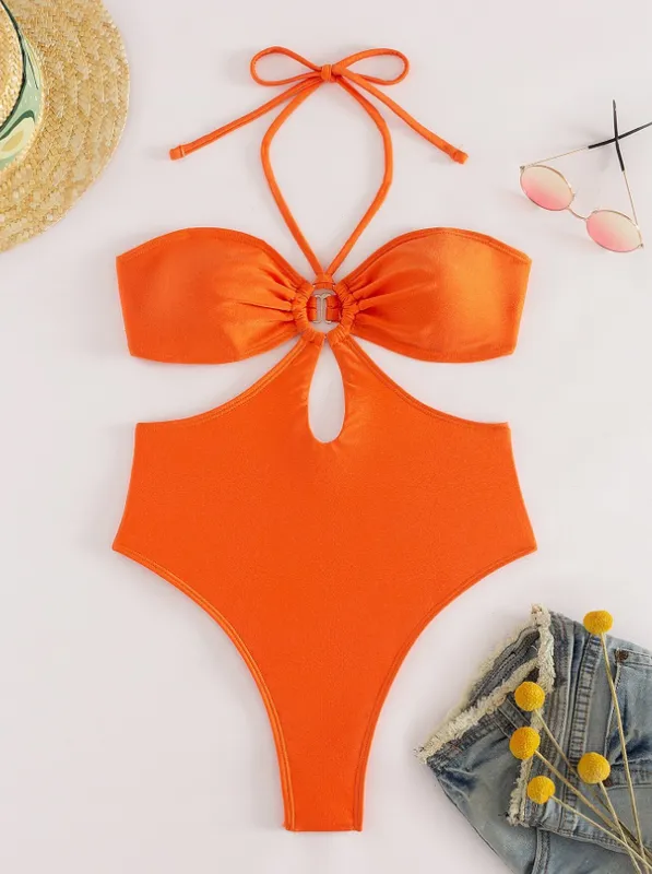 Monokini Solid Color Cut Out Design Halter Neck Swimsuit Orange