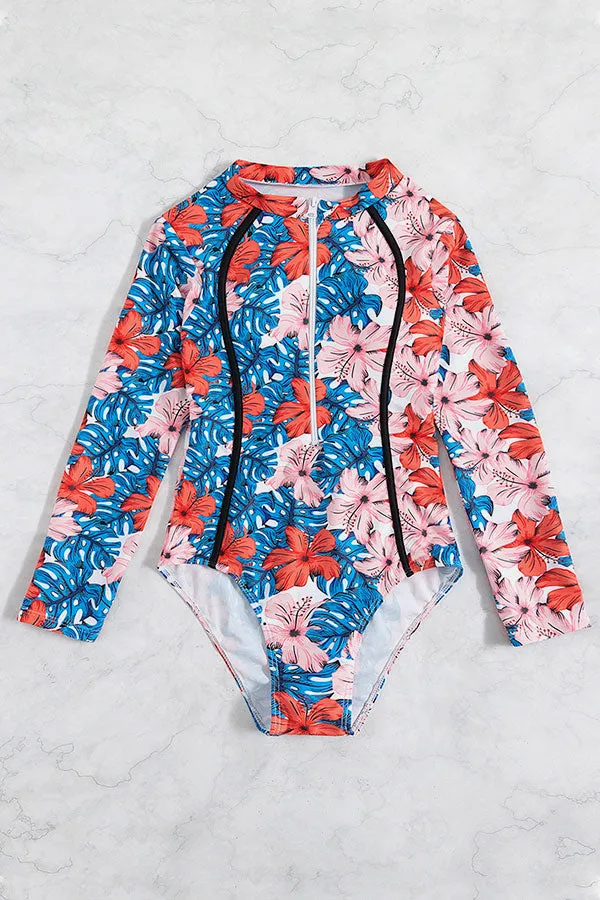 Multicolor Floral Print One-Piece Zipper Swimsuit Long Sleeve UPF50  Rash Guard