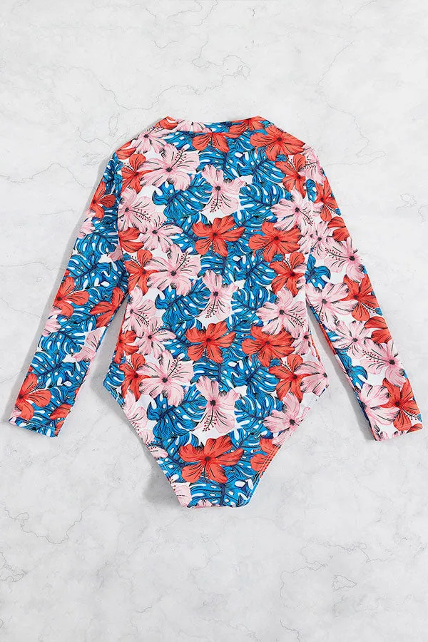 Multicolor Floral Print One-Piece Zipper Swimsuit Long Sleeve UPF50  Rash Guard