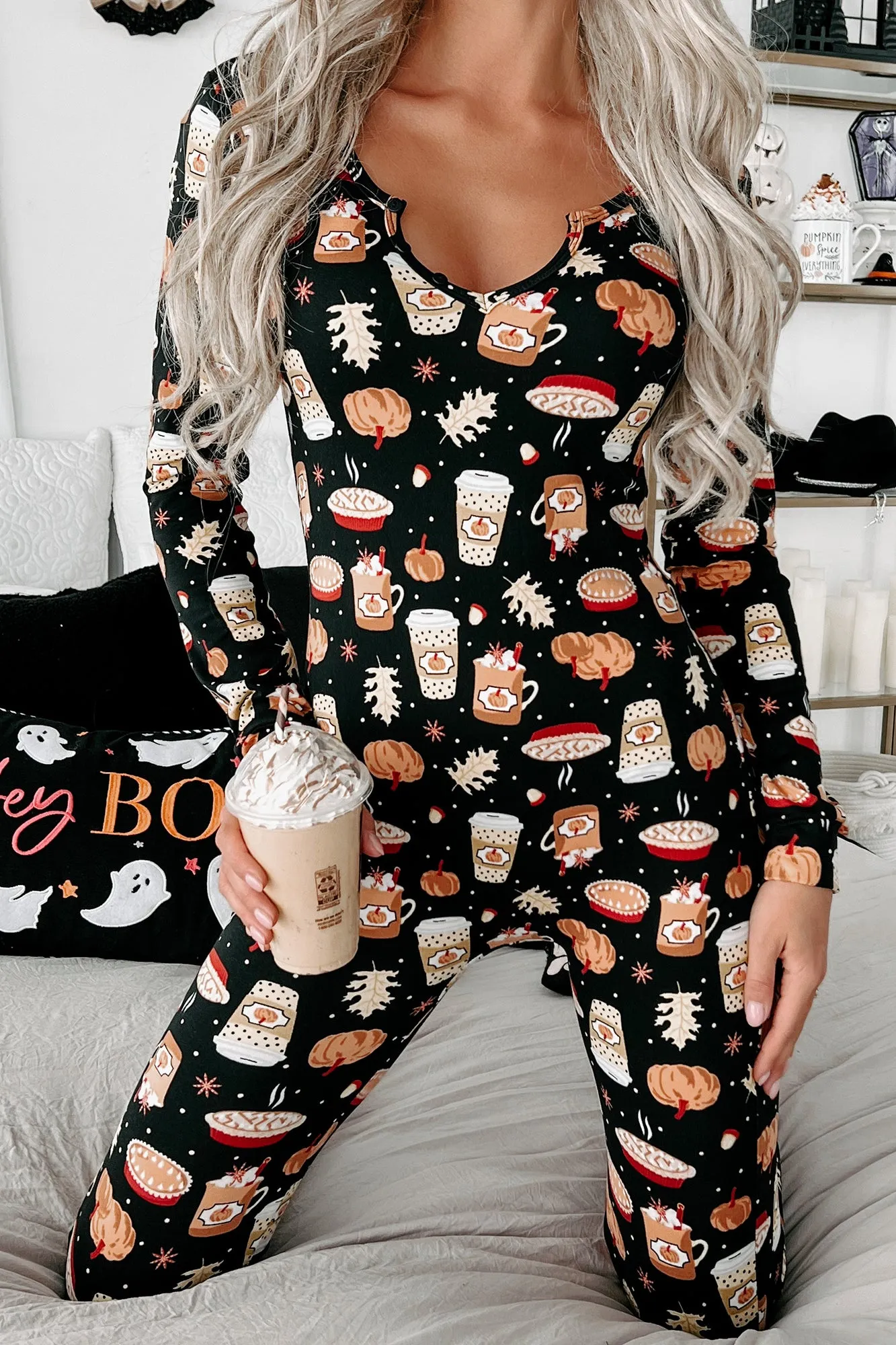 My Favorite Fall Things Fleece Lined Onesie Set (Black)