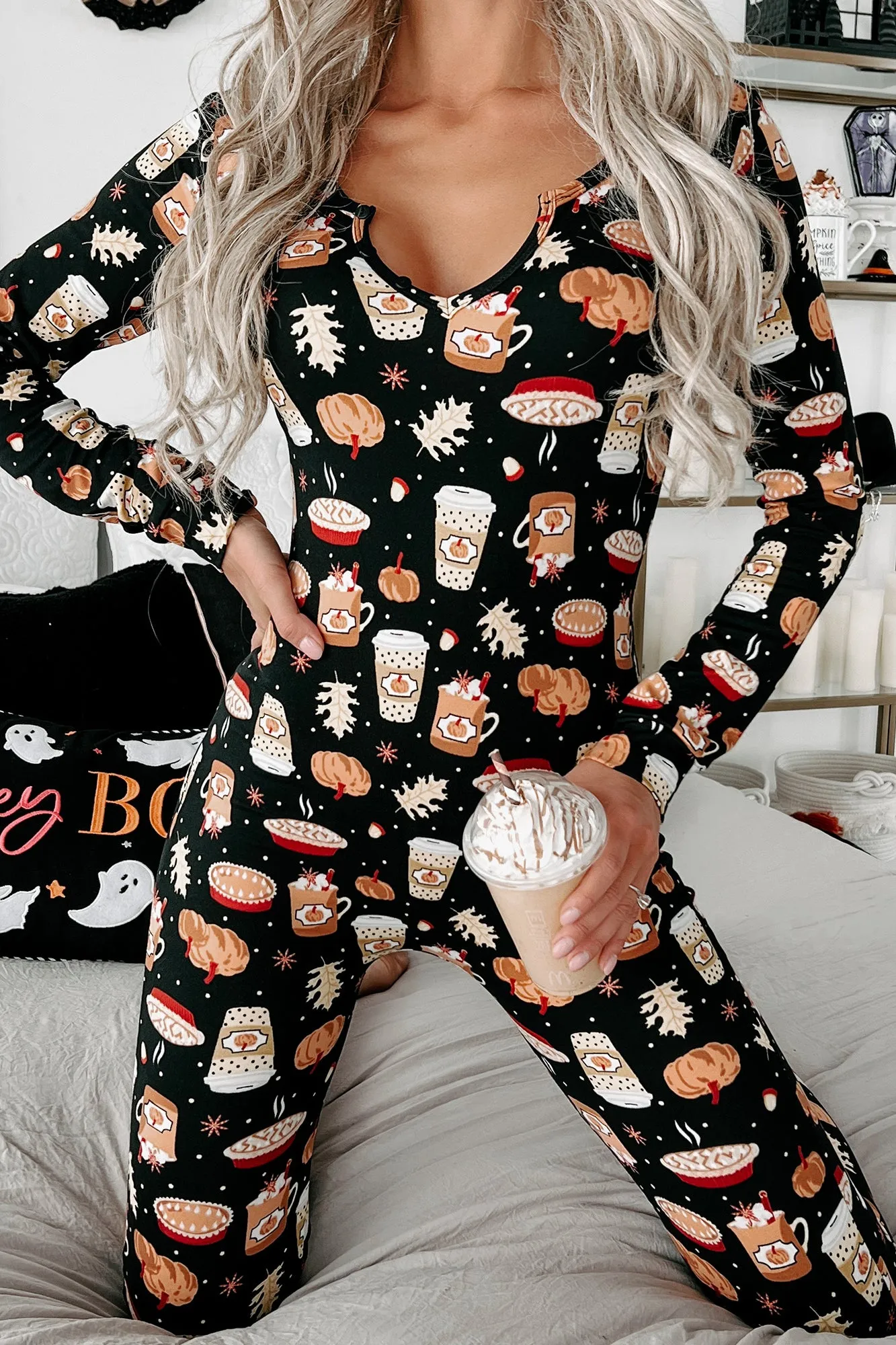 My Favorite Fall Things Fleece Lined Onesie Set (Black)